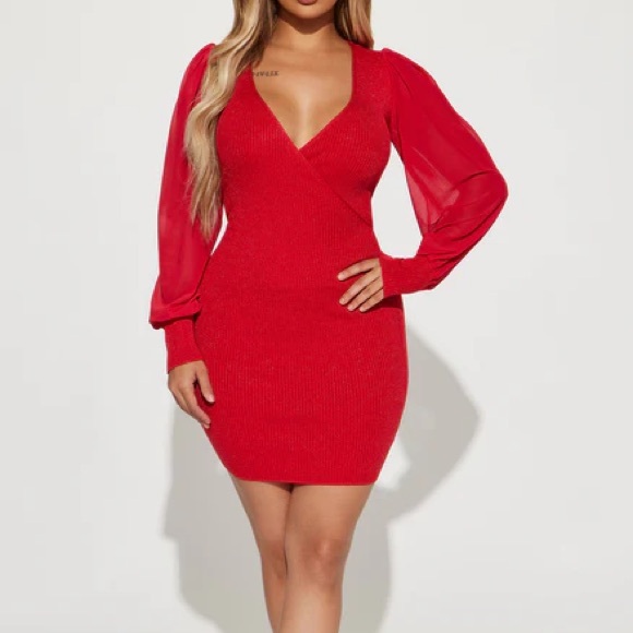 Red Ribbed Mesh Dress - Picture 2 of 3